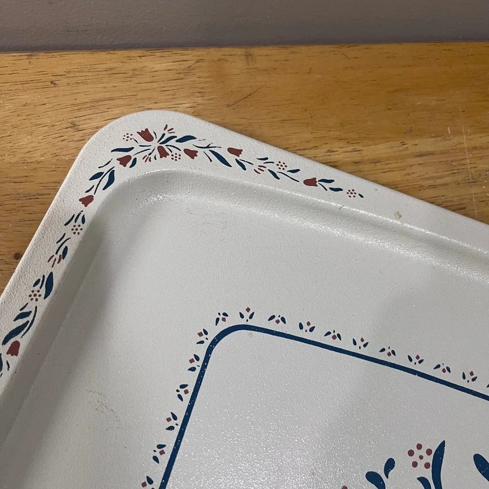 Vtg Folk Art‎ Floral Metal Serving Tray Cream Navy Blue Burgundy Country Cottage